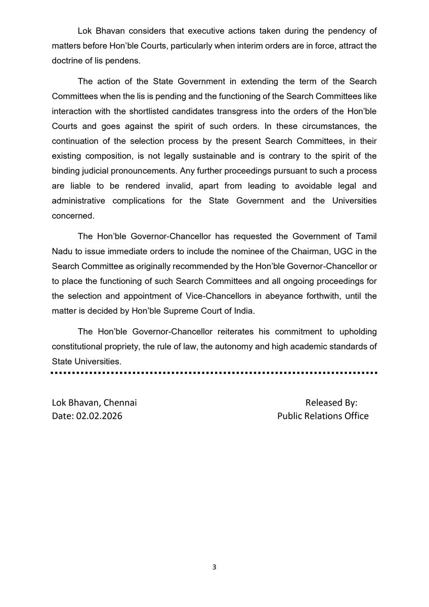 lokbhavan_tn's tweet image. Constitution and Extension of Search Committees for Appointment of Vice-Chancellors of State Universities By the Government of Tamil Nadu, contrary to judicial orders
Lok Bhavan Press Release No: 6

#PressRelease #HigherEducation #ViceChancellors #Chancellor #GovernorRavi
