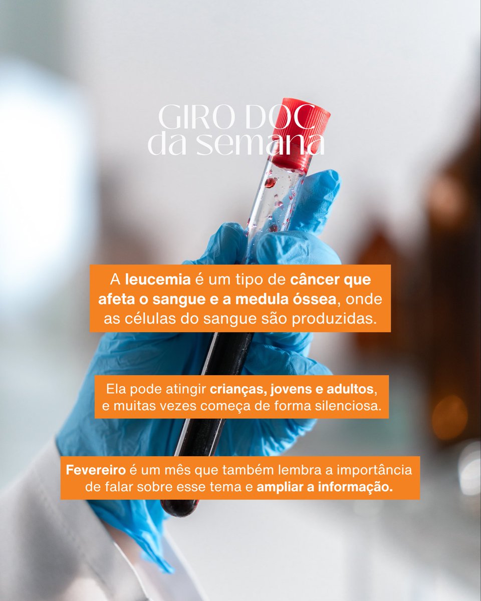 Bom day 🧡
No #GiroDoc de hoje, vamos falar sobre leucemia.
Um tipo de câncer do sangue que pode começar de forma silenciosa e atingir pessoas de todas as idades.
Segue o fio 🧶