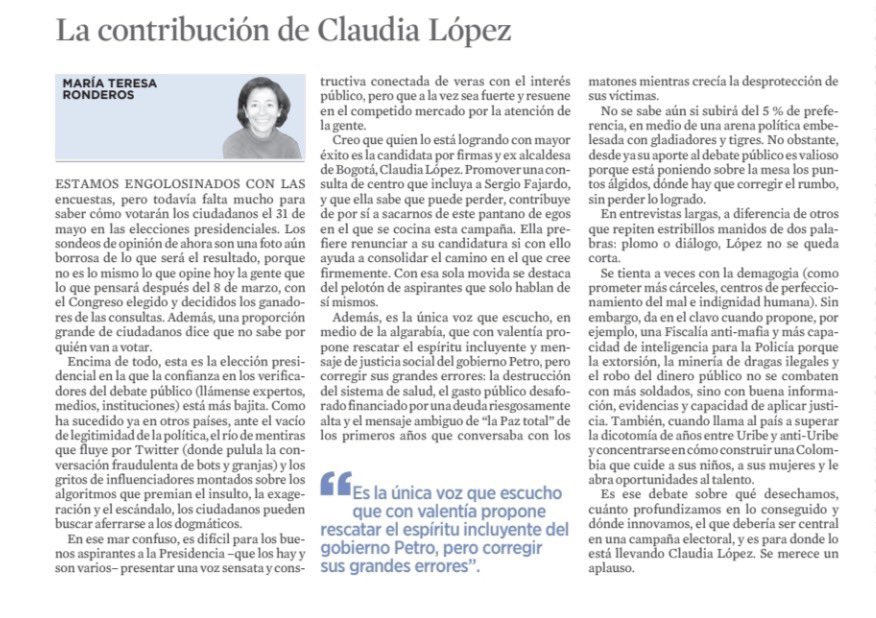 AlejandroGL2014's tweet photo. “Es ese debate sobre qué desechamos, cuánto profundizamos en lo conseguido y donde innovamos, el que debería ser central en una campaña electoral, y es para donde lo está llevando @ClaudiaLopez . Se merece un aplauso” 

@mtronderos en @elespectador https://t.co/rRcpeUVb1L