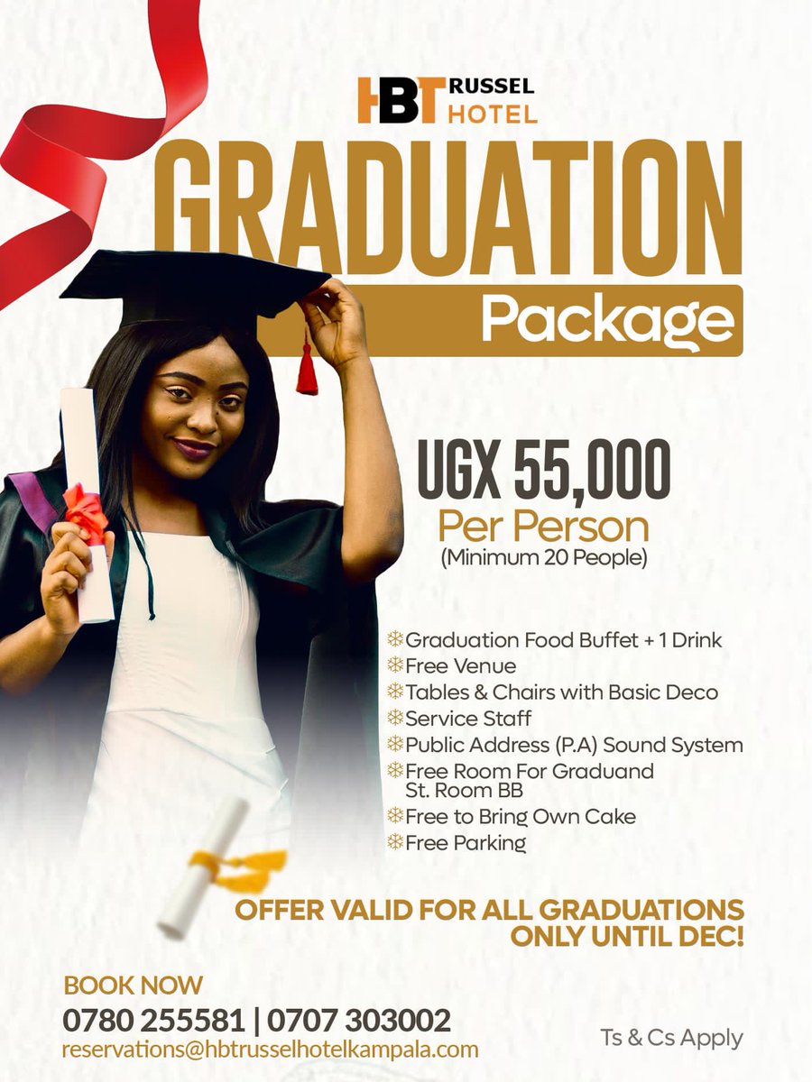 HBTRussellHotel's tweet photo. We have gotten pretty exciting &amp; the best affordable graduation party offers until Dec, 2026. Plan it with us!!
Package incl. buffet + a drink &amp; free Venue, table &amp; chairs with basic deco, P.A system, 1 night room (BB) &amp; free parking at UGX 55,000 PP

https://t.co/8AQjQwQBOl https://t.co/nSwzwlzzIq