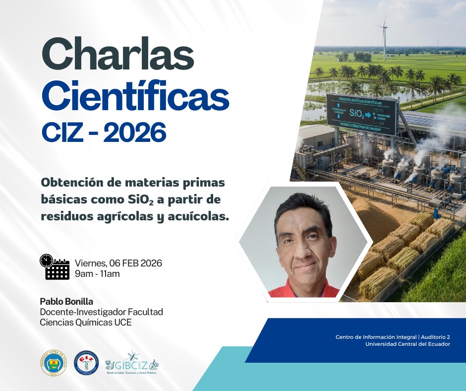 PARTICIPA 🌱
Te invitamos a la próxima charla del ciclo Charlas Científicas CIZ-2026, en la que conoceremos cómo la ciencia transforma los residuos en oportunidades.
⏰ 09h00 – 11h00
📍 Centro de Información Integral UCE

#SomosCIZ #CharlasCientíficasCIZ #CIZ2026 #Sostenibilidad