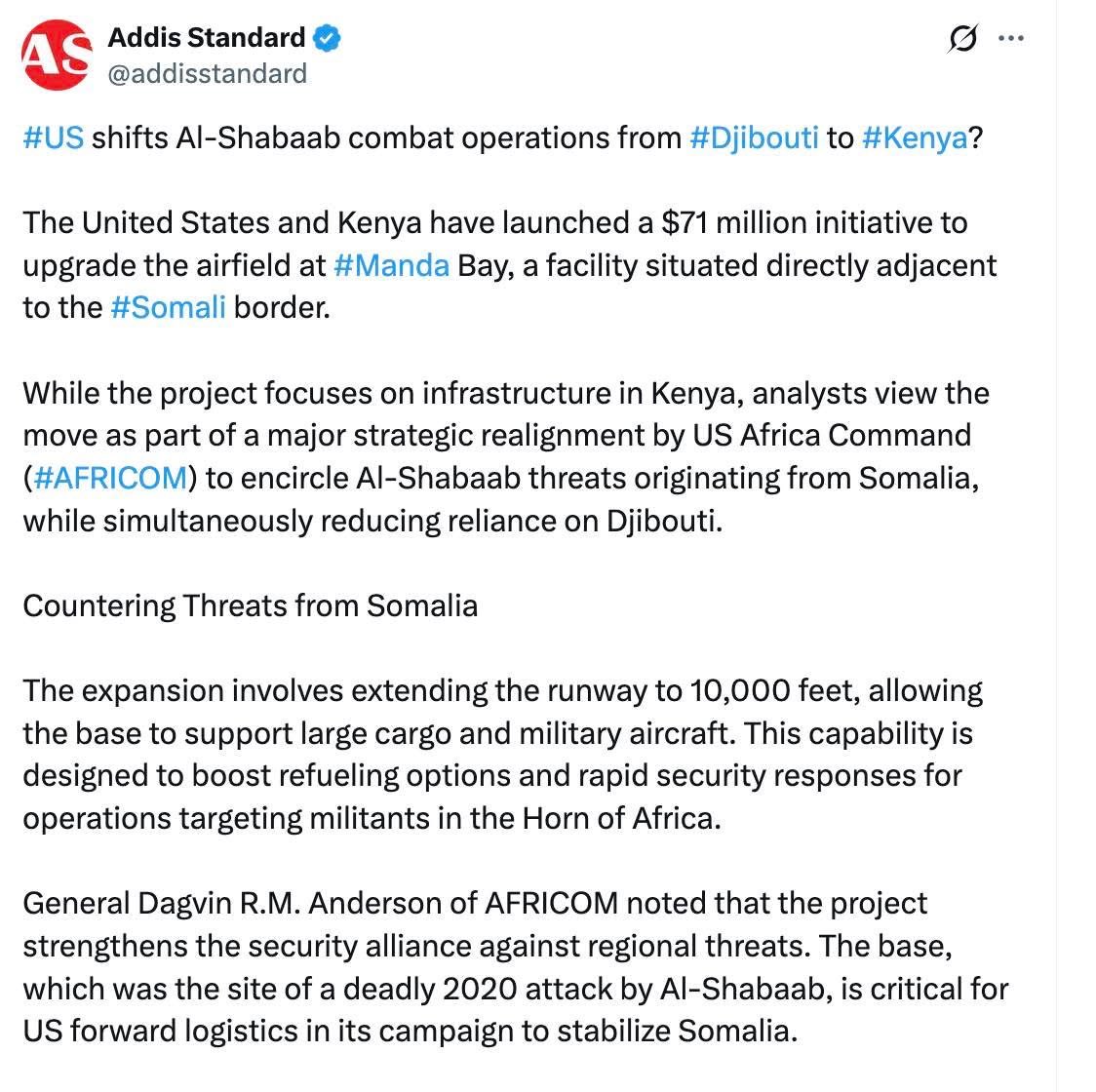 Alisaahid's tweet image. RASMI: 🚨Mareykanka ayaa #Jabuuti ka wareejinaya saldhigga hawlgalka la dagaallanka argagixisada, waxaana la geeyay #Kenya.

Dowladda Kenya ayaa Mareykanka ka heshey mashruuc ku baxaya 71 milyan doolar oo lagu dhisaayo saldhigga #Manda Bay ee ku yaalla gobolka #Lamu