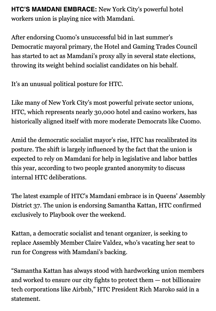 C_Sommerfeldt's tweet photo. New: NYC's hotel workers union is backing democratic socialist Assembly candidates after being asked to do so by Mamdani's team. 

It's part of a political shift that comes as the union could need Mamdani's help in contract fights this year. 

In Playbook: https://t.co/cwQSt2N258 https://t.co/Wqhw6hovpM