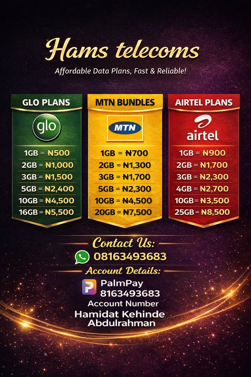 meedah2000's tweet photo. 🚨 Need data now?

Affordable GLO, MTN &amp; AIRTEL data plans that suits your wallet 📶

Instant delivery. No delay.

DM or Whatsapp 08163493683 to place your order 

Hams Telecoms – your trusted data plug 🔥

.
.
#DataSales #InstantData #HamsTelecoms #BuyData https://t.co/BkAt8tcsrg