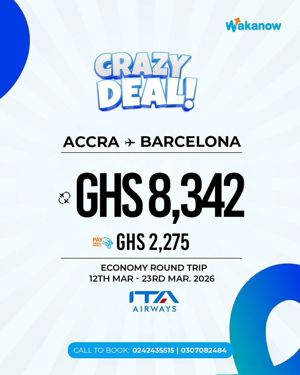 WakanowGhana's tweet image. Crazy deals to Europe! Fly ITA airways from Accra to Barcelona, Paris, Rome or Brussels and pay conveniently with Pay Small Small.

Call 0242435515 now to lock this deal

#WakanowGhana #DealOfTheDay #EuropeTour #FlightPromo #ITAAirways