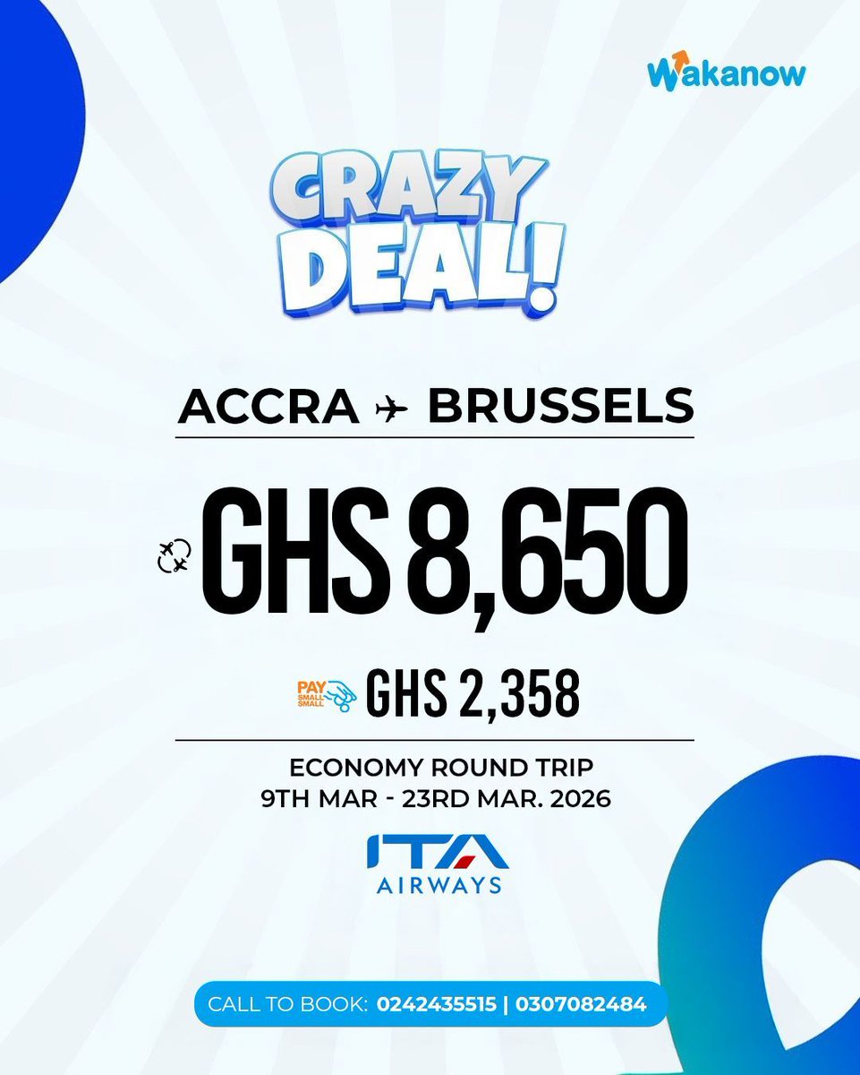 WakanowGhana's tweet image. Crazy deals to Europe! Fly ITA airways from Accra to Barcelona, Paris, Rome or Brussels and pay conveniently with Pay Small Small.

Call 0242435515 now to lock this deal

#WakanowGhana #DealOfTheDay #EuropeTour #FlightPromo #ITAAirways