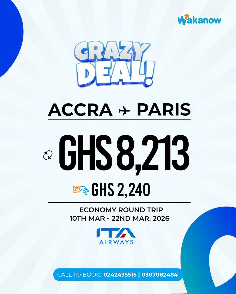 WakanowGhana's tweet image. Crazy deals to Europe! Fly ITA airways from Accra to Barcelona, Paris, Rome or Brussels and pay conveniently with Pay Small Small.

Call 0242435515 now to lock this deal

#WakanowGhana #DealOfTheDay #EuropeTour #FlightPromo #ITAAirways