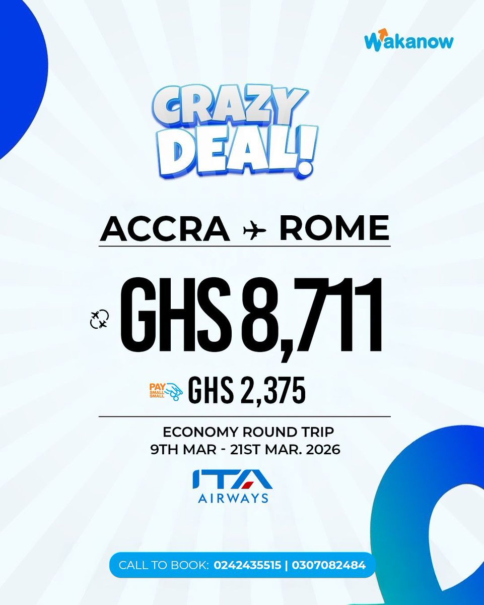 WakanowGhana's tweet image. Crazy deals to Europe! Fly ITA airways from Accra to Barcelona, Paris, Rome or Brussels and pay conveniently with Pay Small Small.

Call 0242435515 now to lock this deal

#WakanowGhana #DealOfTheDay #EuropeTour #FlightPromo #ITAAirways