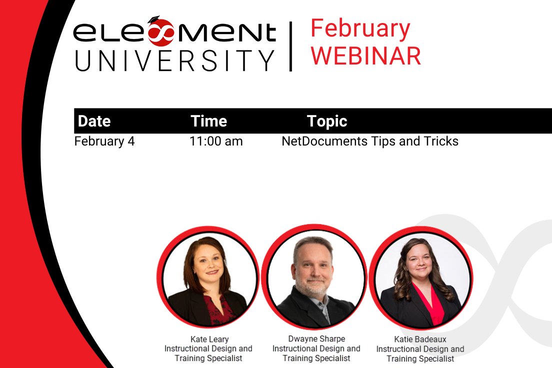 Element_Updates's tweet photo. Register today for this month’s Element University Webinars!

Subscribe to Element University by contacting info@ele-ment.com

Registration is available on the Element University site:
https://t.co/qWCzmdluls
#ElementTechnologies #ElementUniversity #NetDocuments https://t.co/rV3ZF4khij