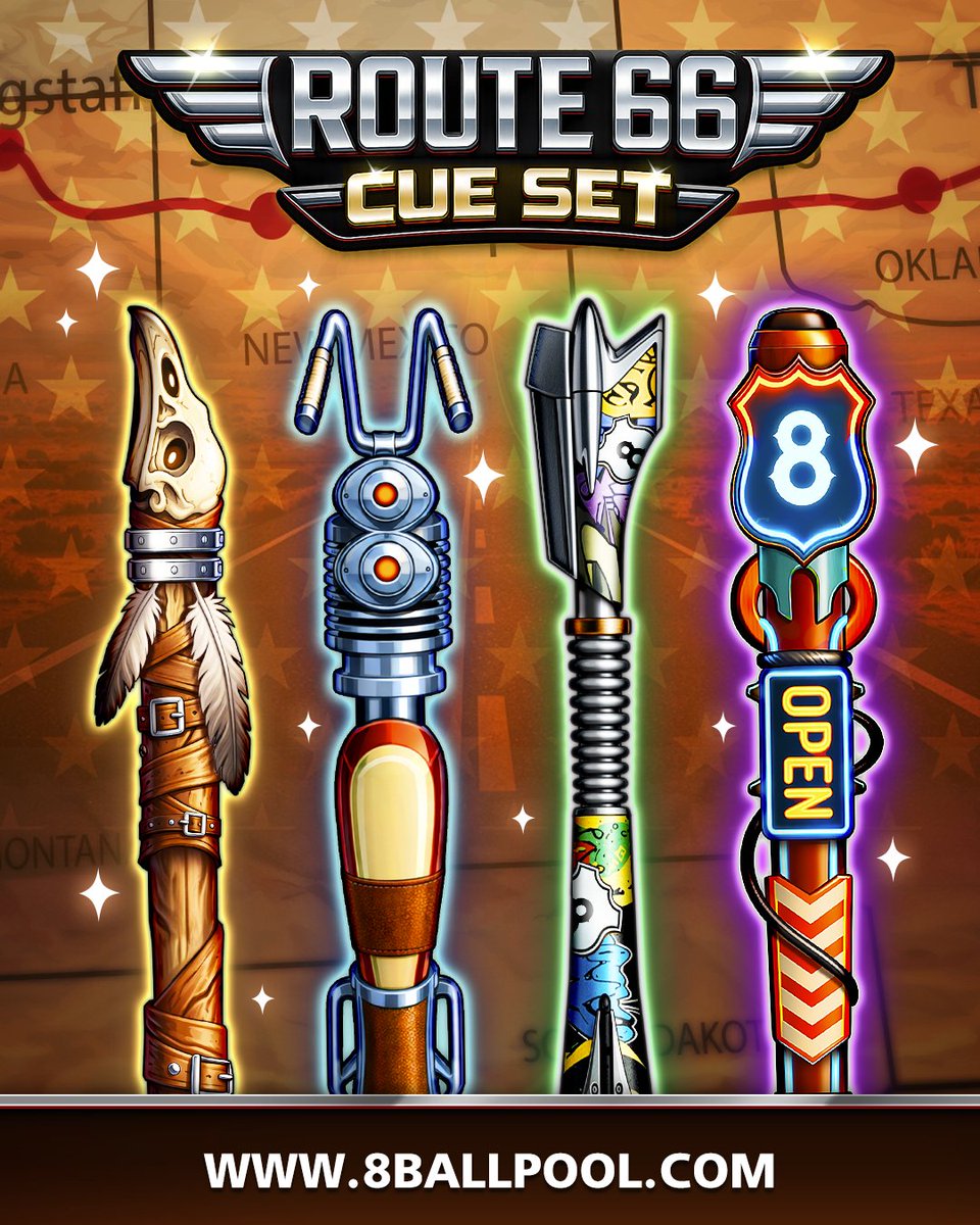 8ballpool's tweet photo. NEW #Route66 Cue Set π£οΈποΈπ΅
Get yours Β» https://t.co/TzqoTFmTTd
π± Discover new road trip Cues
π± Boost your #CollectionPower
π± Earn Loyalty Points with every purchase
#8BallPool https://t.co/Qjon2Qljir