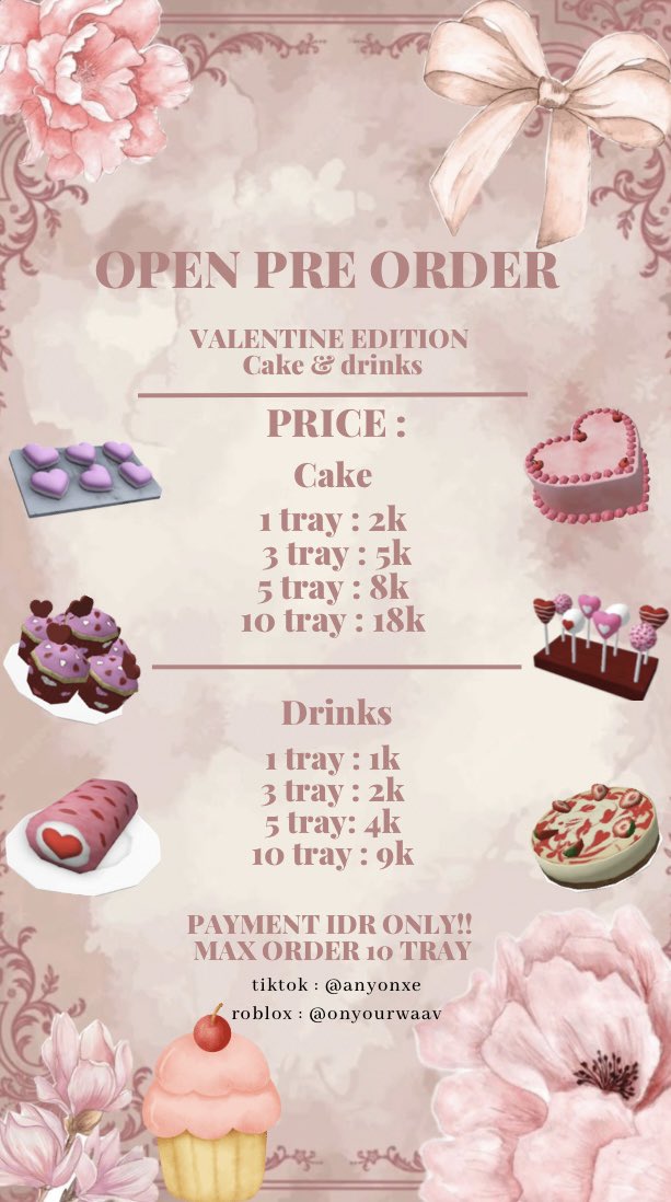c1vwa's tweet photo. HALOO GUYS, berhubung tanggal 5 feb sudah mulai event valentine di bloxburg, aku mau info buat kalian yang main bloxburg klo aku open po yaaa!! untuk harga tertera di gambar guys, dm aku yaa!! #zonauang #bloxburg #roblox #valentinecake https://t.co/4mYWaedUq1