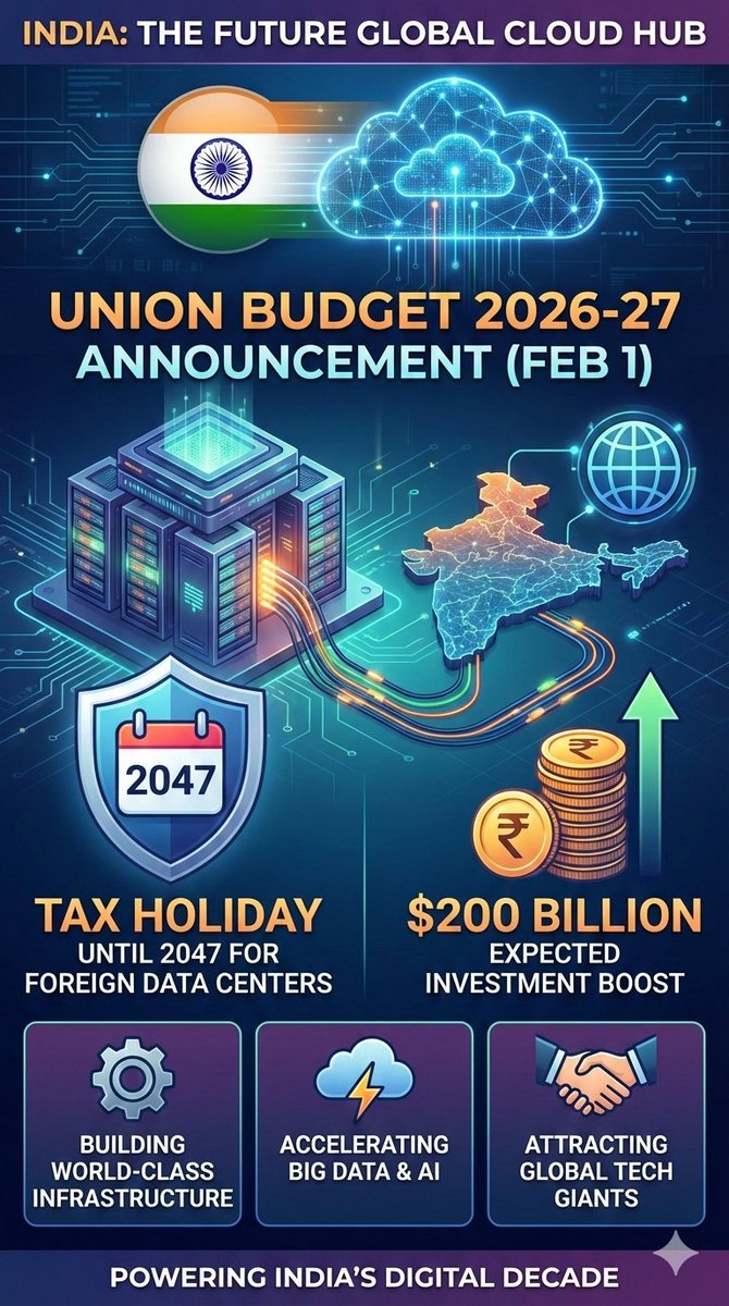 eleskills's tweet image. Massive news from #UnionBudget2026! 🚨

The Govt of India announces a Tax Holiday until 2047 for foreign data center operations! 🇮🇳

🎯 Goal: Become the Global Cloud Hub. 💰 Expected Investment: $200 Billion.

The era of Big Data has a new home. ☁️🚀

#CloudHub #Investment