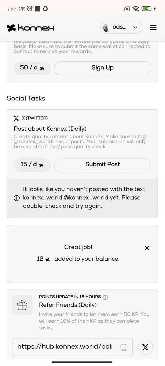 bashbjega's tweet image. program still open.  Basics unlock everything @konnex_world

How to get started
• Visit: hub.konnex.world/points?referra…
• Sign in with your wallet. 
• Connect X account and discord
• Complete the social tasks
• Interact with Daily 
• Join Discord and Telegram
@konnex_world