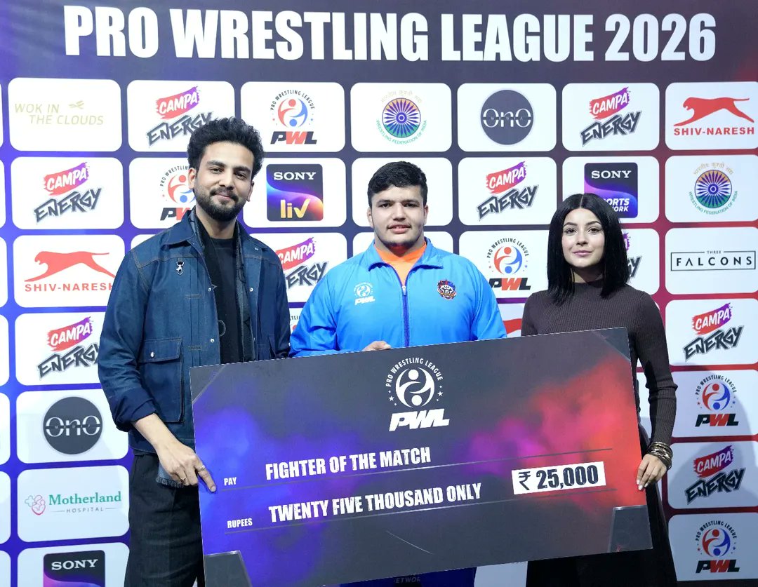 pwl_india's tweet photo. Fighter of the Match awarded to Ronak of Delhi Dangal Warriors (125 Kg). The award was presented by Elvish Yadav, Actor &amp; Content Creator, and Shehnaaz Gill, Indian Actress. #ronak #delhidangalwarriors #pwl2026 #finals #fighterofthematch https://t.co/HxhgTQ7mcs