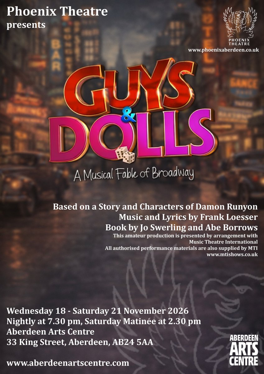 🎲 We’ve rolled the dice — and it’s come up GUYS &amp; DOLLS! 🎭✨

After our rip-roaring Shrek, Phoenix Theatre returns to <a href="/the_artscentre/">Aberdeen Arts Centre</a> with this Broadway classic (last staged by us in 1997!)

“Luck Be a Lady Tonight” 🎶 “Sit Down, You’re Rocking the Boat” 🚤
More soon 👀