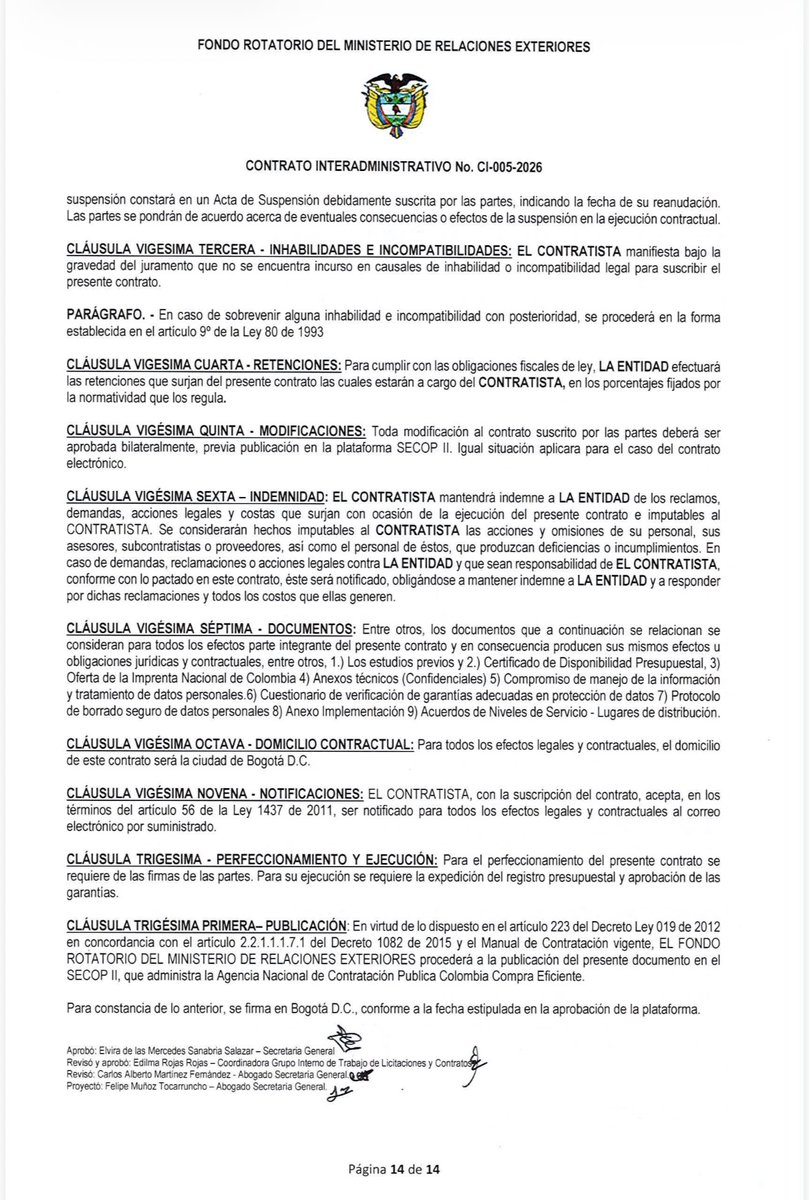 El pasado 29 de enero la <a href="/CancilleriaCol/">Cancillería Colombia</a> firmó un nuevo contrato interadministrativo con la <a href="/ImprentaNalCol/">Imprenta Nacional de Colombia</a> para la expedición de pasaportes. El contrato cuesta $185.374 millones de pesos y tiene vigencia hasta el 31 de diciembre de 2026. El contrato con Portugal debe entrar en