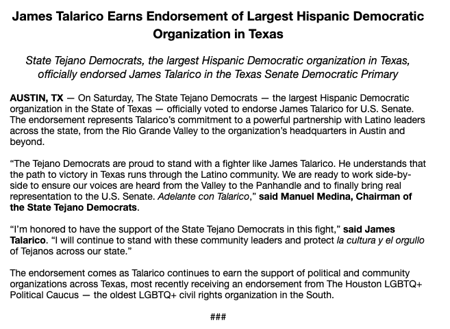 bradj_TX's tweet image. Inbox: @jamestalarico gets the endorsement from the @StateTejanoDems. #TXSen
