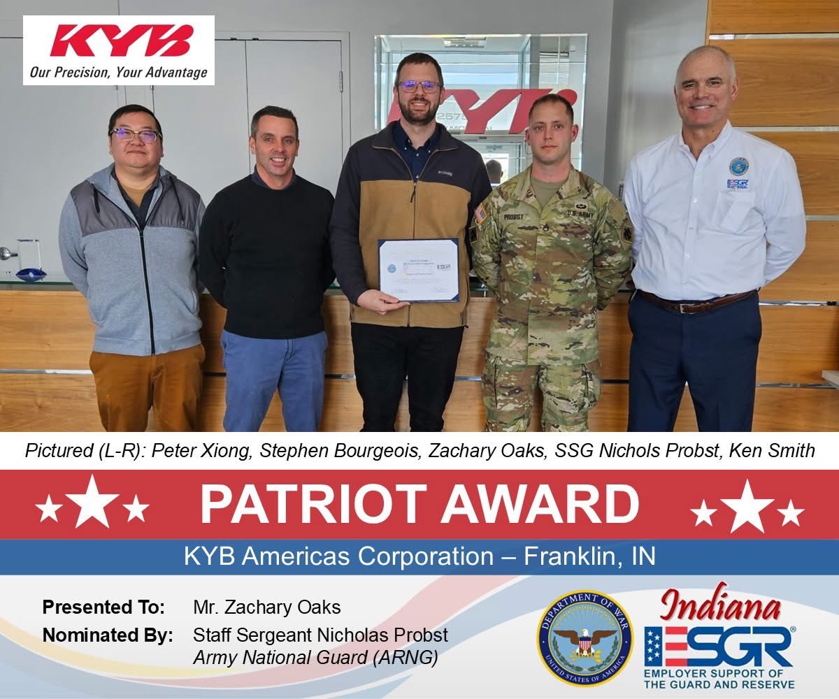 IndianaESGR's tweet photo. Franklin, IN: On 1.29.26, Mr. Zachary Oaks of KYB was recognized by @ESGR, a @DeptofWar office. 

SSG Nicholas Probst, who serves with the @NationalGuardIN, nominated Mr. Oaks for the Patriot Award.

Please join us in congratulating Mr. Oaks on his recognition. https://t.co/fc1GX8VvTk