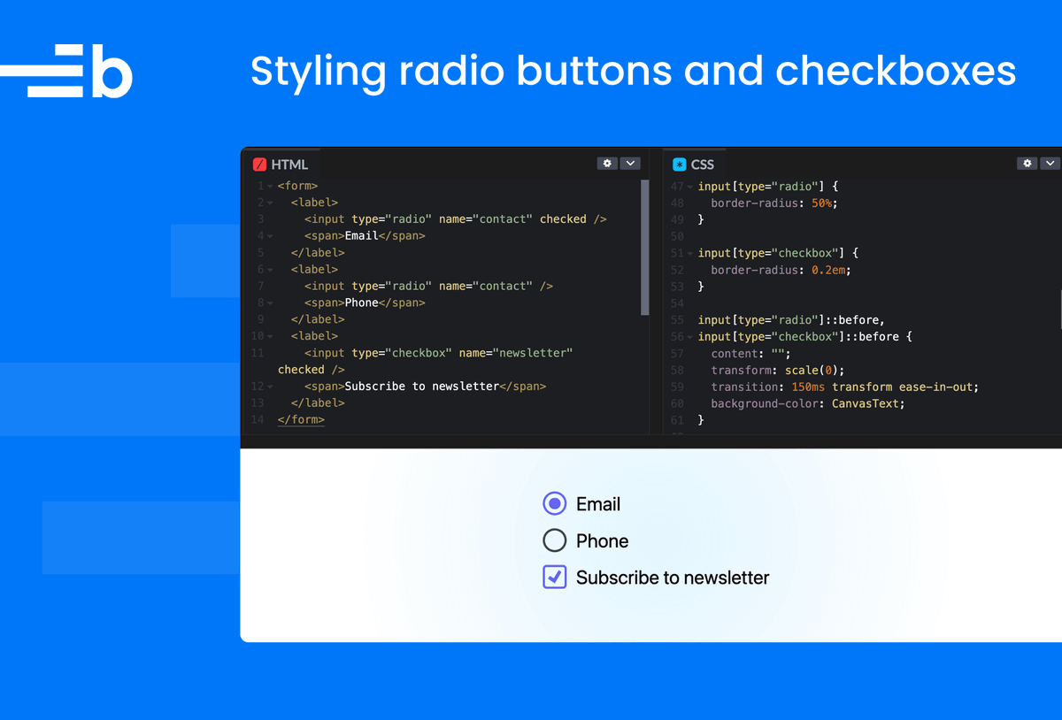 bryntum's tweet image. Styling checkbox and radio buttons?
Our latest blog post compares CSS and Tailwind approaches for customizing these inputs, and touches on accent-color and pseudo-element techniques!

Read the post
bryntum.com/blog/radio-but…

#css #tailwind