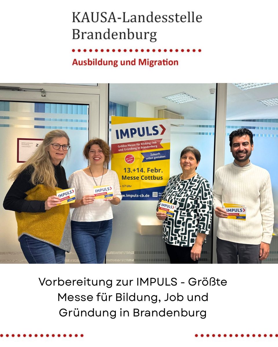 Fit für die Messe #IMPULS⬇️🔎ℹ️

KAUSA-Team gemeinsam mit Ruslana Dvoretska, Willkommenslotsin der <a href="/HWKCottbus/">Handwerkskammer Cottbus</a>, bereitet Dich optimal auf Deinen Messebesuch vor.

📅 Mittwoch, 11. Februar 2026 | 15:00–17:00 Uhr
📍 KAUSA-Büro, Sandower Straße 6, 03044 Cottbus