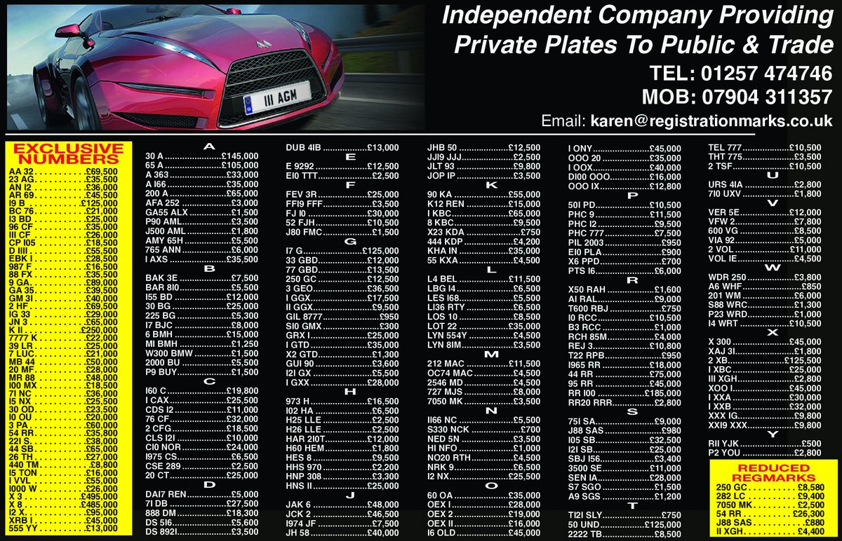 NEW ADVERT  
registrationmarks.co.uk             
for all your number plate needs   
lots of bargain registrations and   
exclusive numbers - offers considered karen@registrationmarks.co.uk  
01257 474746  07904 311 357
