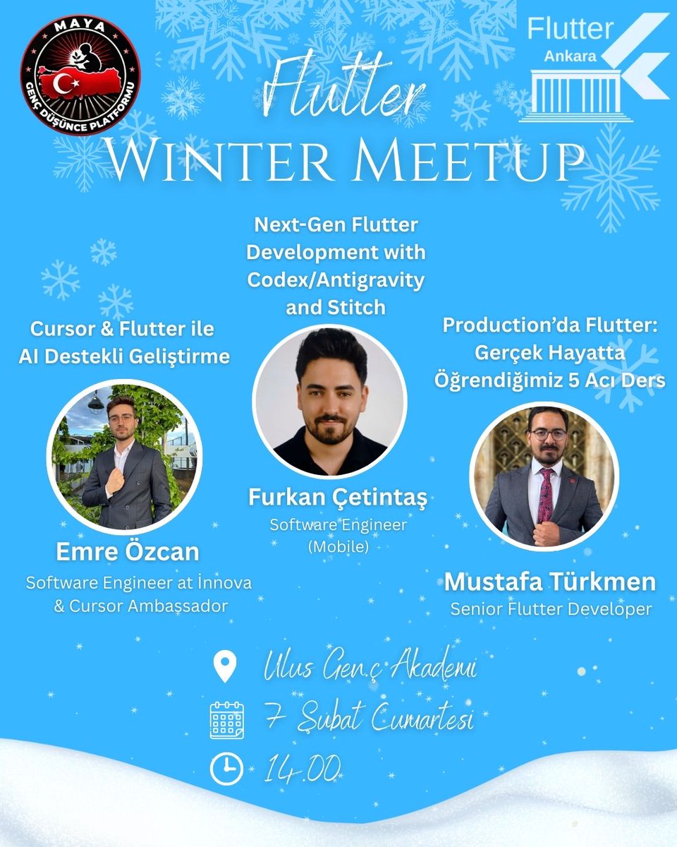 Flutter Winter Meetup geliyor! 💙

7 Şubat Cumartesi Ulus Genç Akademi’de,
Maya Genç Düşünce Platformu iş birliğiyle. <a href="/MAYAGencDusunce/">MAYA Genç Düşünce Platformu</a> 

Kayıt Linki 👇
meetup.com/flutter-ankara…

<a href="/Flutter_Turkiye/">Flutter Türkiye 💙</a> 
#flutter