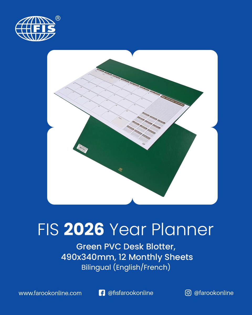 Plan your year in style!
FIS 2026 Year Planner – PVC Desk Blotter with Green Italian PU Flap (490x340mm)
To buy product: shorturl.at/ozOt1

#FISPlanner #2026Planner #OfficeEssentials #StayOrganized #yearplan2026 #officestationery #stationeryonline #bulk #ordernow #UAE