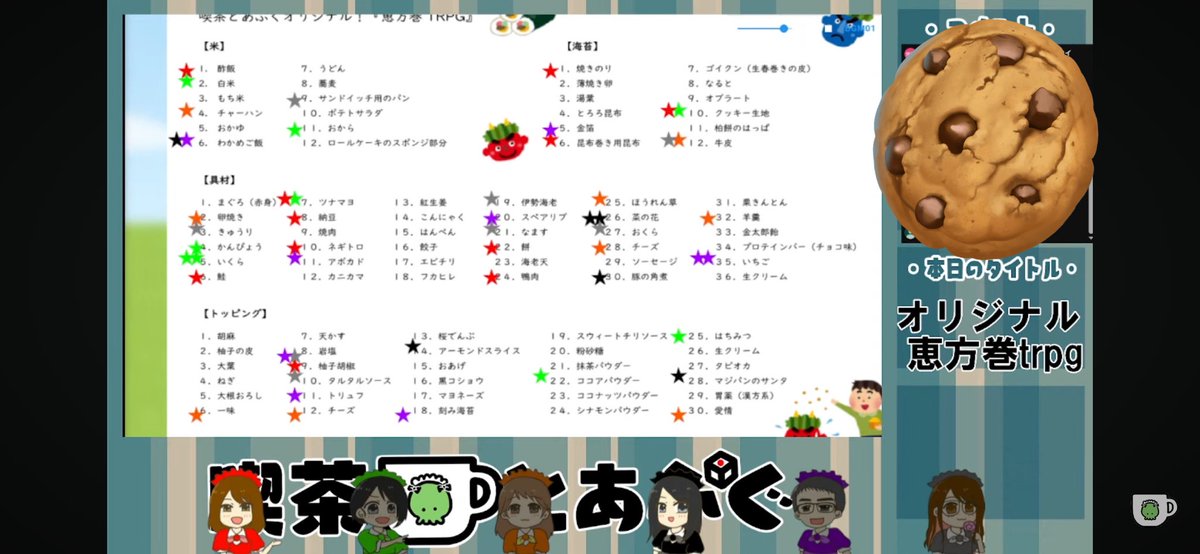 本日もご来店ありがとうございました！一年振りの恵方巻きTRPG！今年の勝者は、彩ちゃん＆オーナーでした🏆✨みんなも明日は南南東を向きながら恵方巻き食べましょう〜！来週も月曜20時からお待ちしております！(オーナー)
#喫茶とあぷぐ