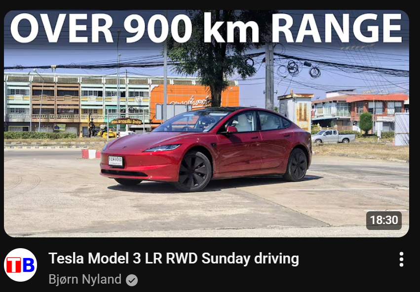 🤯🤯 Tesla Model 3 LR RWD goes 904 km on the Bjørn Nyland "Sunday drive".

Driving at around 80 kph (50 mph) in 28°C (82F).