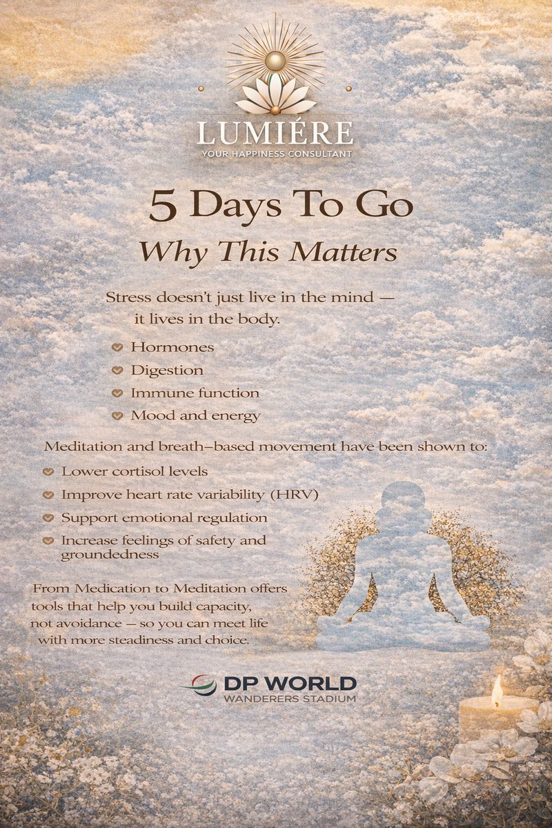 WanderersZA's tweet photo. 5 Days To Go!🪷
Make sure to secure your spot for this Saturday, 7 February 2026!
Bookings are essential, and can be made via the payment link below🔗
https://t.co/8I9KIf2JWW
NB - Only 2⃣0⃣ spots available!
#DPWorldWanderersStadium
#FromMedicationToMeditation
#EventsHosting https://t.co/gDD0Oienbg