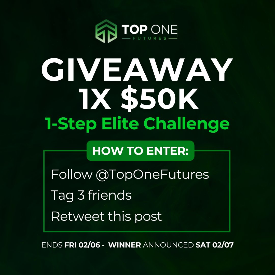TopOneFutures's tweet image. GIVEAWAY ALERT 🚨

We’re giving away 1x $50K 1-Step Elite Challenge 💰

How to enter is simple:
✅ Follow @TopOneFutures
✅ Tag 3 friends
✅ Retweet this post

⏰ Ends Friday 02/06
🏆 Winner announced Saturday 02/07