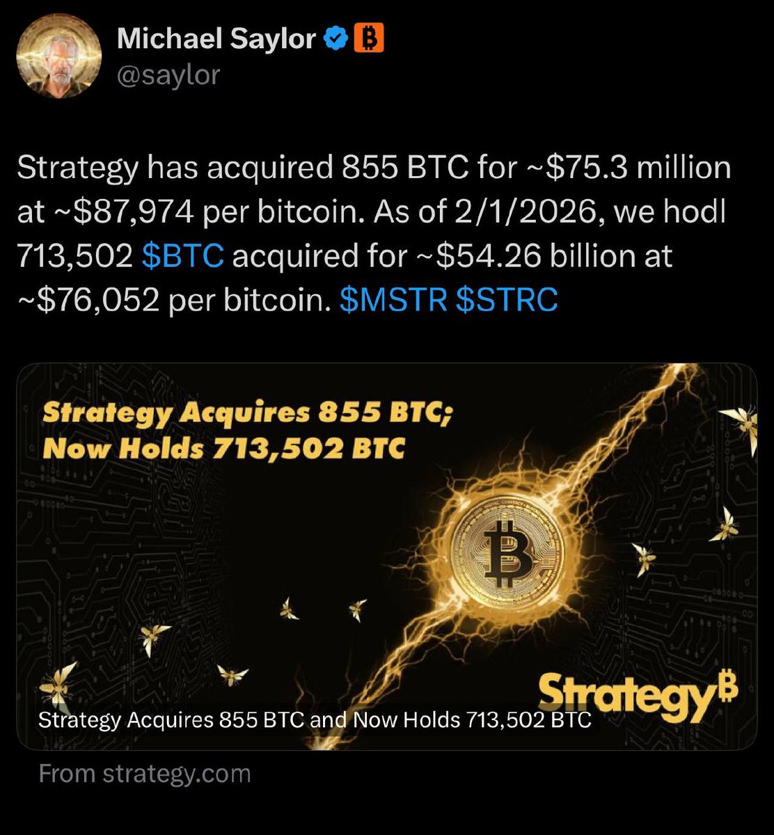 getSecretApps's tweet photo. MicroStrategy has acquired another 855 $BTC for $75.3M at $87,974 per #Bitcoin. 🚀

$BTC

#crypto https://t.co/iPCrwVn2yW