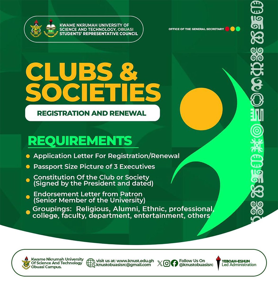Are you part of a group on campus? Make sure to follow the registration requirements for different types of organizations.

Check out the details in the flyer. Stay informed and ensure your club or society meets all the necessary criteria for a smooth registration process.