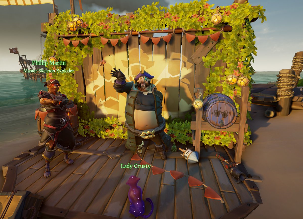 TheHeartcarver's tweet photo. The cutest and fairly new pirate legend says hi with one of his sailing buddies! Don't worry, no bananas were involved in this one!
#SoTShot #SeaOfThieves https://t.co/lCDVKrPhJN
