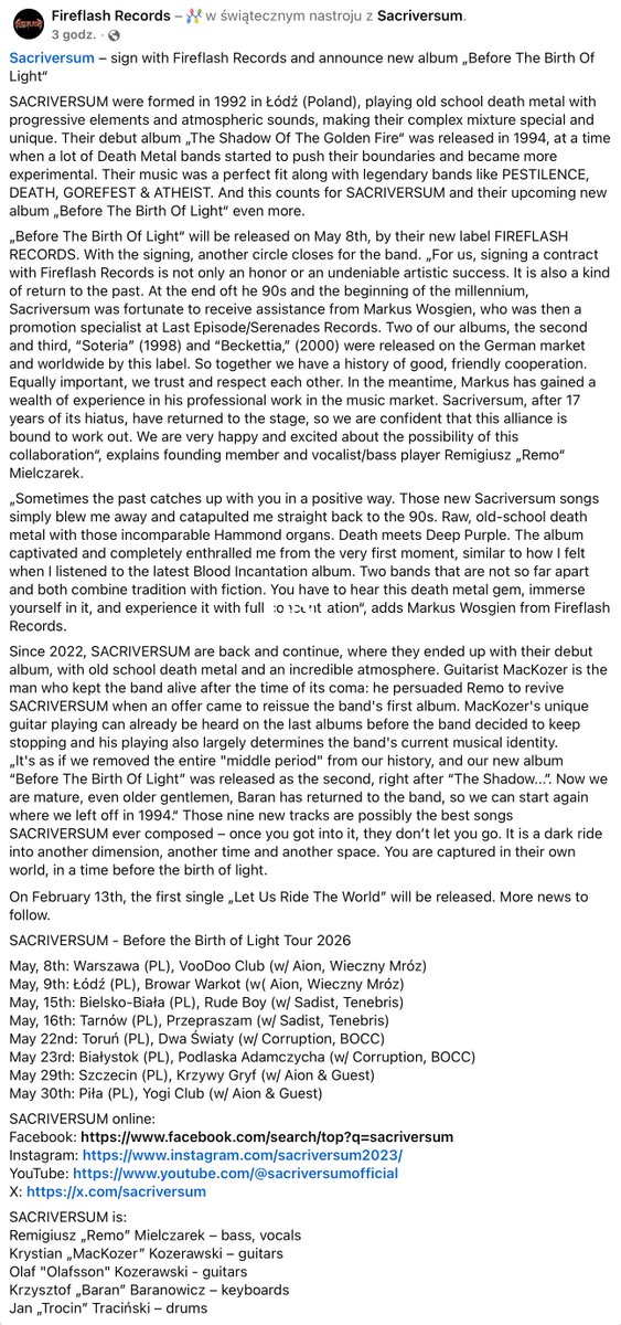 #Sacriversum – sign with Fireflash Records and announce new album „Before The Birth Of Light“. 
See image for full press info. #deathmetal #metal #PolishMetal