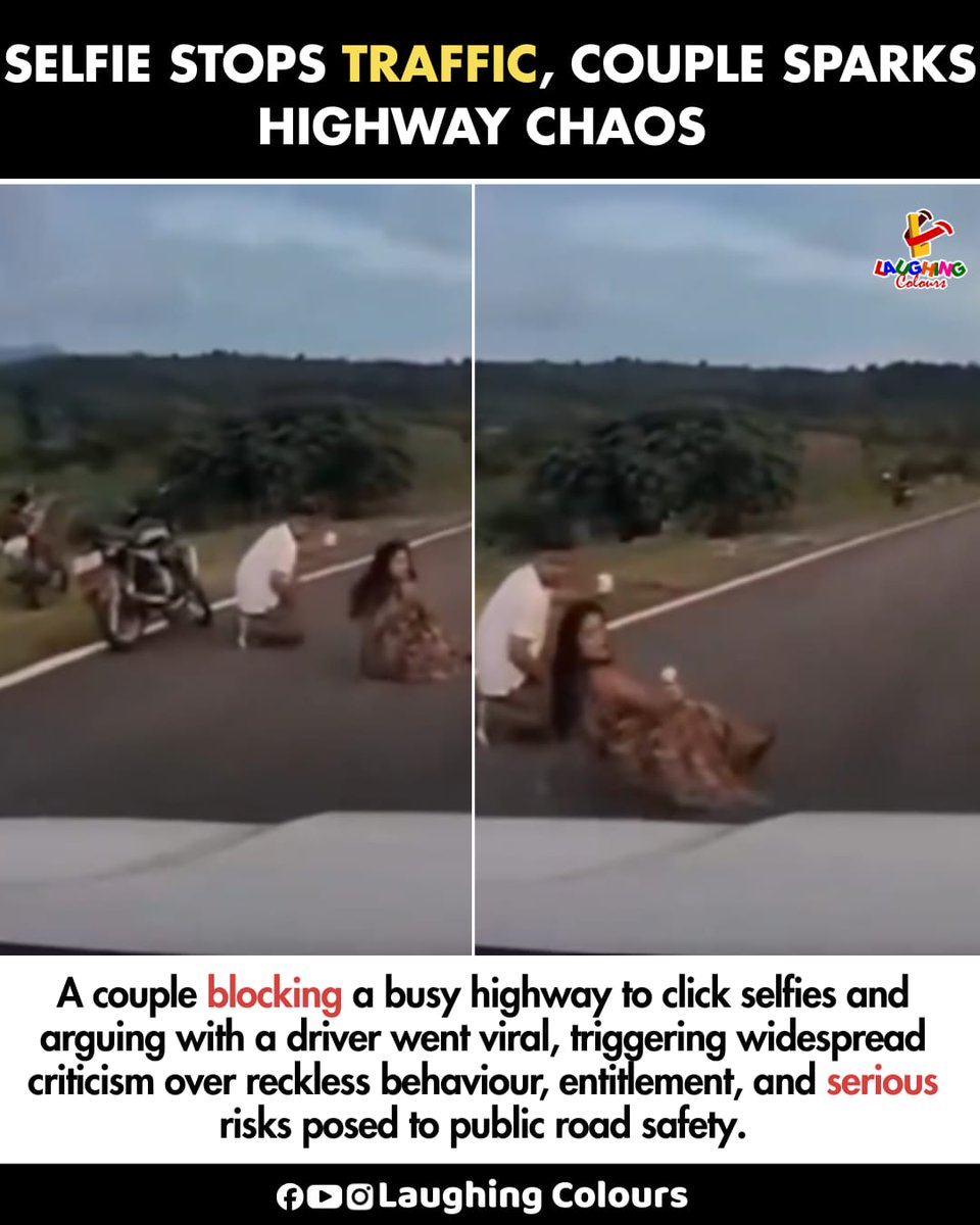 LaughingColours's tweet image. Selfie blocks busy highway 🚨

#RoadSafety #ViralVideo #PublicNuisance #RecklessBehaviour #TrafficRules