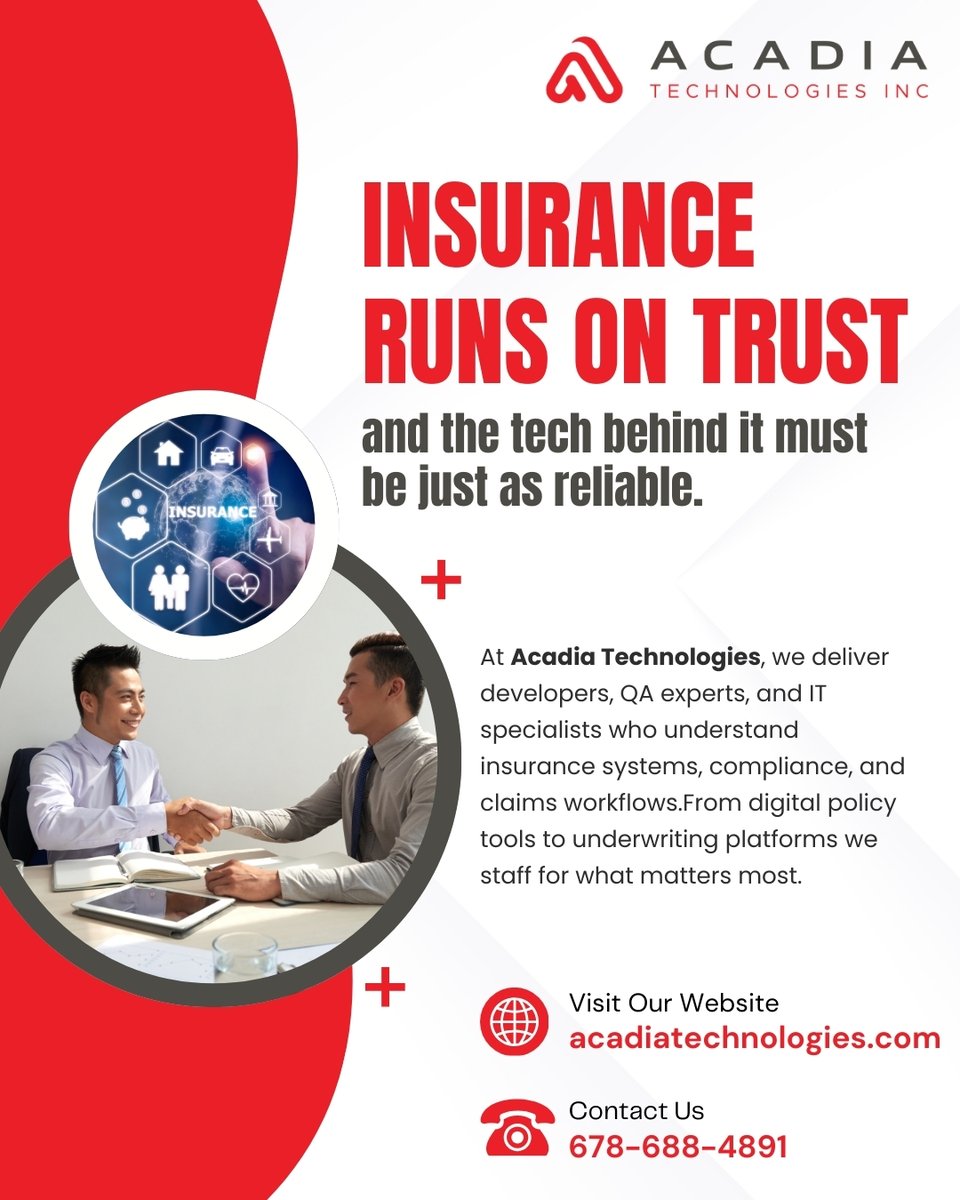 acadia_inc's tweet photo. Insurance tech needs more than coders, it needs industry-aware problem solvers.

Acadia Technologies delivers talent for claims, policy, and compliance systems.

👉 https://t.co/9bBDRBjLyh

#InsuranceIT #InsurTech #SmartHiring https://t.co/NMUgQC7qJz
