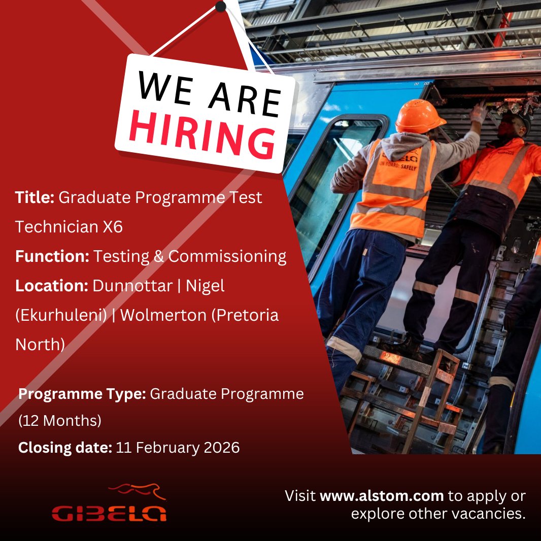 RailGibela's tweet photo. π Team Gibela is opening doors for aspiring graduates in rail manufacturing.
Apply for the Graduate Programme: Test Technician (Testing & Commissioning)
π https://t.co/hQWh4bWnsE
#GibelaRail #GraduateProgramme https://t.co/RYib7tKQyC