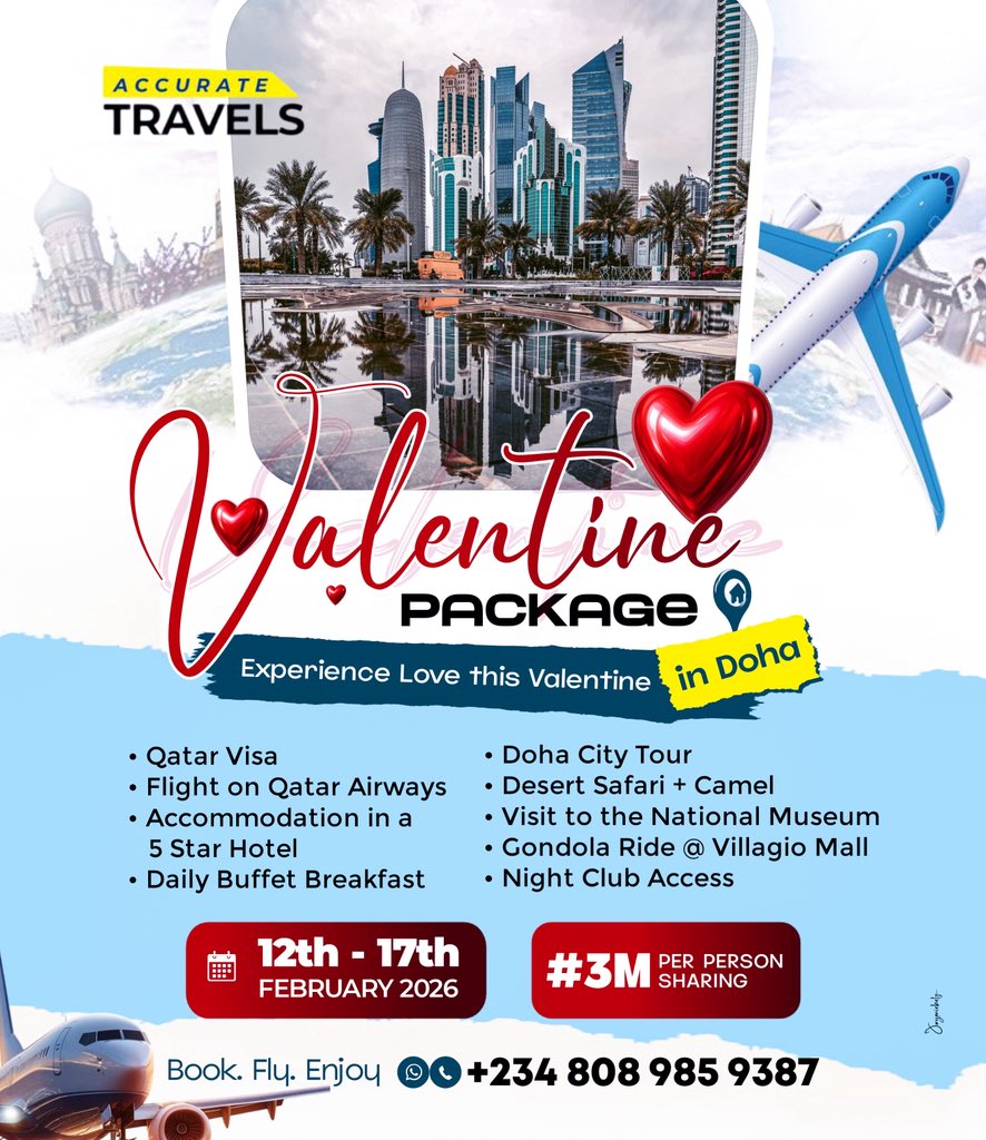 This Valentine, Accurate Travels is setting the standard ❤️✈️

From Feb 12–17, 2026, they’re taking lovers to Doha, Qatar with a premium Valentine package that covers it all:
Qatar visa, Qatar Airways flight, 5-star hotel with daily buffet breakfast, Doha city tour, desert safari