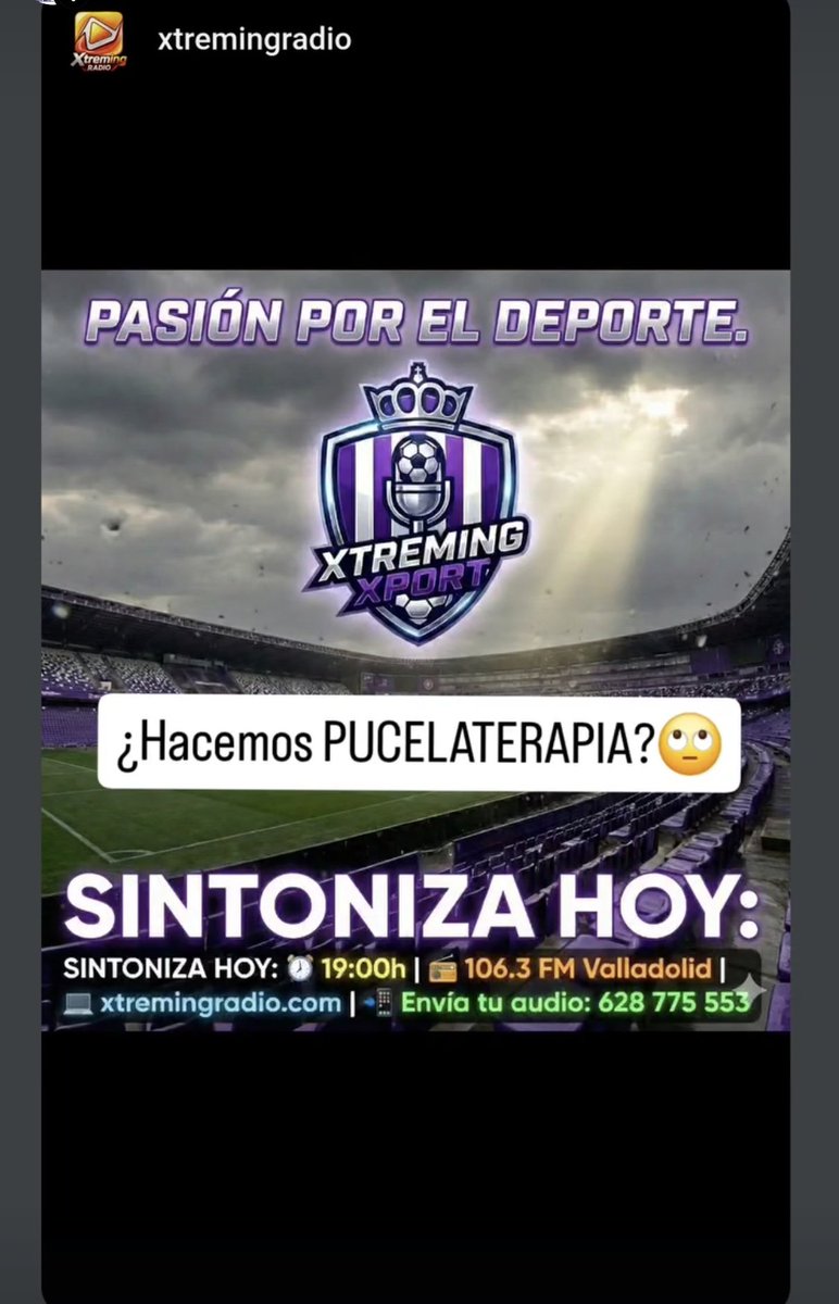 HOY ⚽ <a href="/XtremingXport/">XtremingXport</a> 
⏰ 19:00 en directo en 
🌐 xtremingradio.com
📻 106.3 FM Valladolid 
👿 Pucelaterapia 
💬 Audios al 628775553