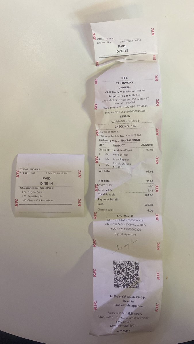 prabhloch's tweet photo. KFC outlet at CP67 Mall, Mohali doesn’t take order on customer’s number and instead th order taker enters a number on his own so we’re unable to provide feedback through feedback survey. Food was stale and very bad. @KFC_India @kfc https://t.co/sxDNwHVGwB
