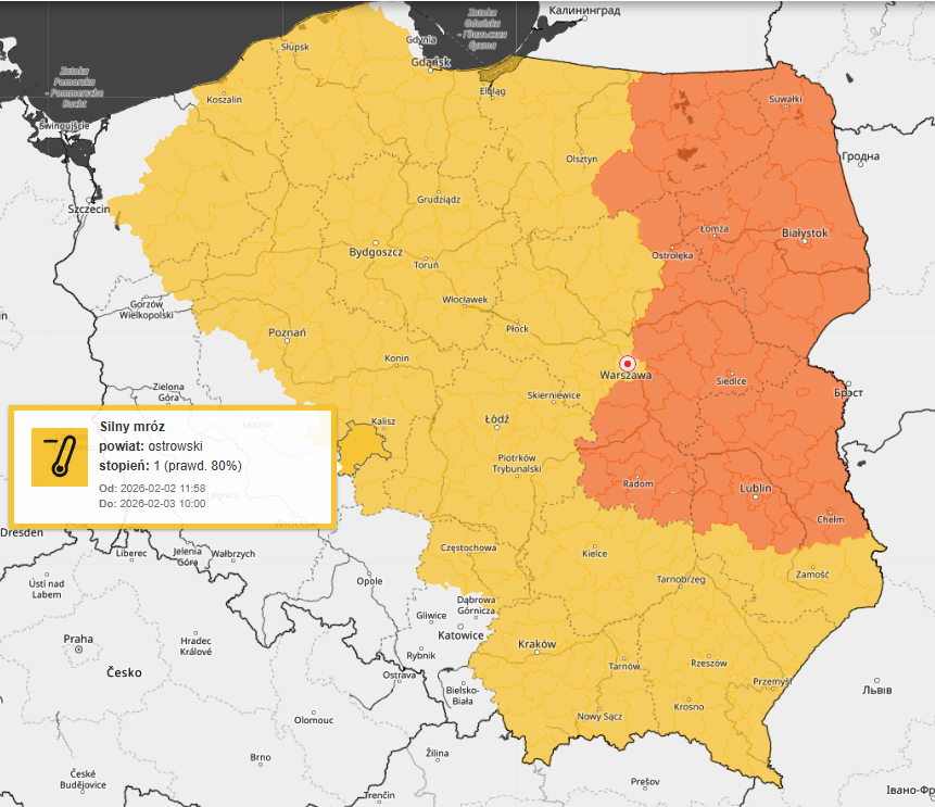 IMGWmeteo's tweet photo. ⚠️ AKTUALIZACJA OSTRZEŻEŃ #IMGW ⚠️

🟡/🟠 Silny mróz (90%)
🌡️ nocami do −28°C, lokalnie −25°C
🌡️ w dzień do −15°C
⏰ 02.02 11:59 – 04.02 10:00
👉 https://t.co/tBq6AJFvlF https://t.co/vas01rItVf