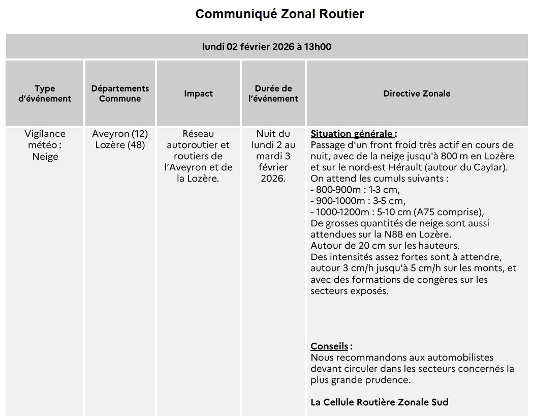 cezocsud's tweet photo. Communiqué CRZ Sud - Vigilance météo neige pour les départements de l'Aveyron et de la Lozère pour la nuit du 2 et 3 février 2026. https://t.co/tinpoTENSO