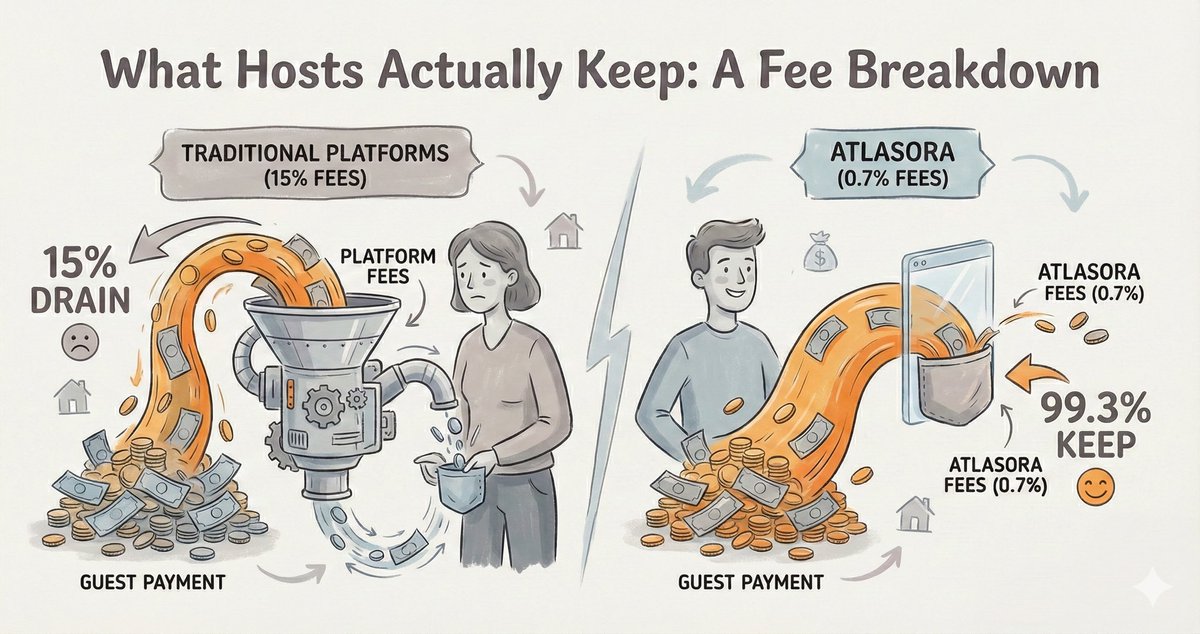 We  did the maths

Airbnb takes 15% from hosts

We take 0.7%

On €100,000 in bookings:

∙Airbnb keeps €15,000
∙AtlasOra keeps €700

That’s €14,300 more in your pocket. every year. Same guests. same properties.
The full breakdown 👇