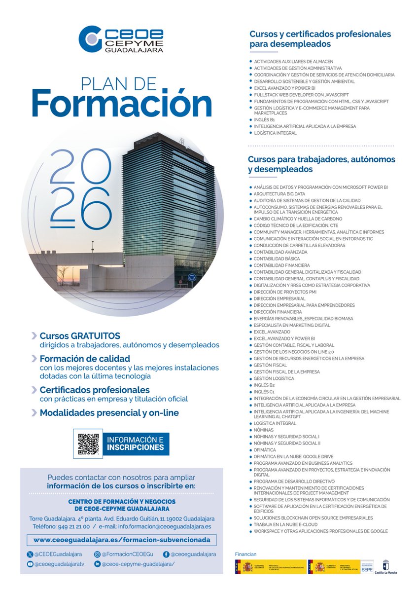 <a href="/gobjccm/">Gobierno de Castilla-La Mancha</a> <a href="/JCCMGuadalajara/">JCCM Guadalajara</a> 🔹 Formación en áreas clave como logística, idiomas, big data, comercio, IA, sostenibilidad y competencias digitales
🔹 Modalidad presencial y online
🔹 Certificados de Profesionalidad en varios cursos

Más info:  short.do/xzyrQh

#Formación 

2/2