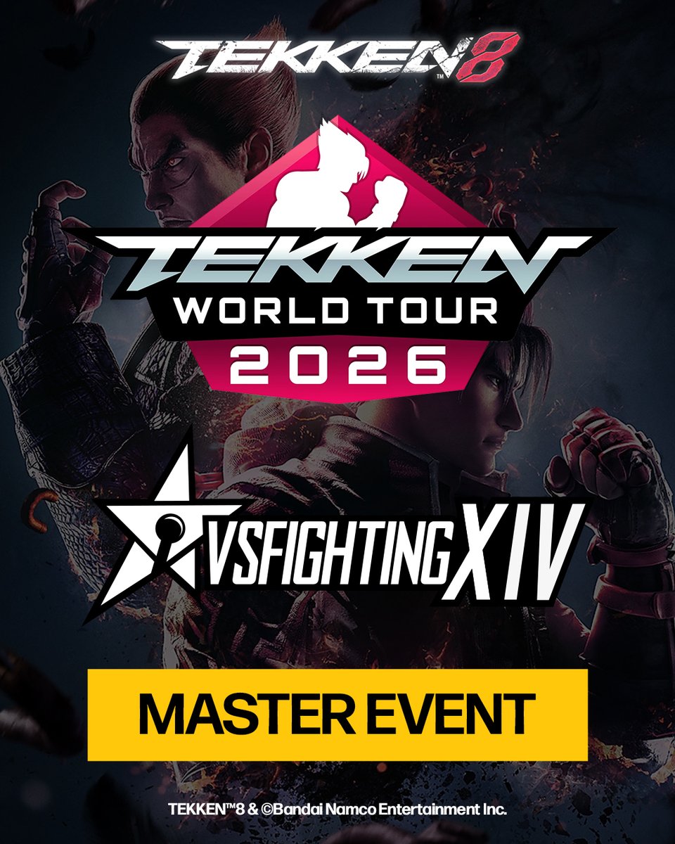 We are happy to share that VSFighting XIV will be a part of the #TEKKEN World Tour 2026 as a MASTER EVENT!

Thanks to <a href="/BNEesports/">Bandai Namco Esports</a> for the support!
We can't wait, see you in July! 💪🔥 #VSF #TWT2026
