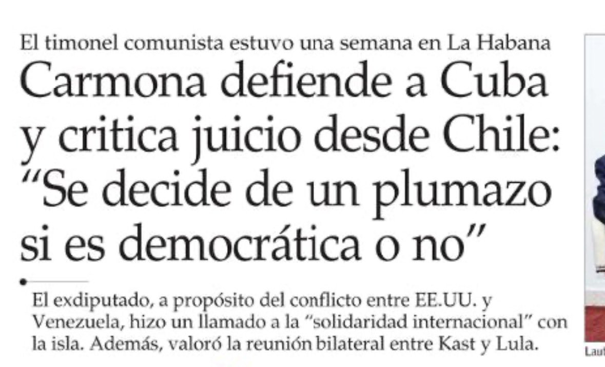 lcruzcoke's tweet photo. Carmona sostiene que en Chile se decide de “un plumazo” si Cuba es democrática o no. 
Parece no entender que hemos tenido ¡67 años! para darnos cuenta que el régimen de los millonarios Castro es una DICTADURA. https://t.co/Tec1Azk9ai