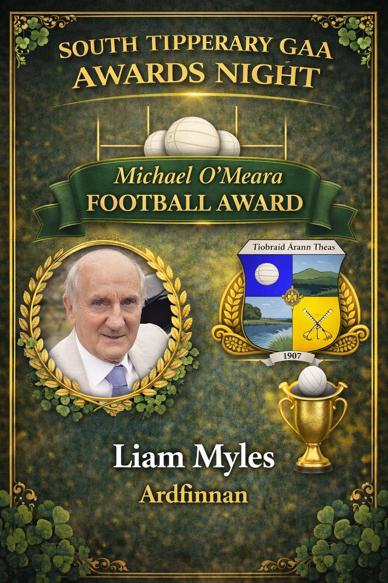 Congratulations to the Theo English Hurling Award winner Thomas Waters from Carrick Swan &amp; to the Michael O’Meara Football Award winner Liam Myles from Ardfinnan.
Young hurler &amp; young footballer winners will be shared later today.