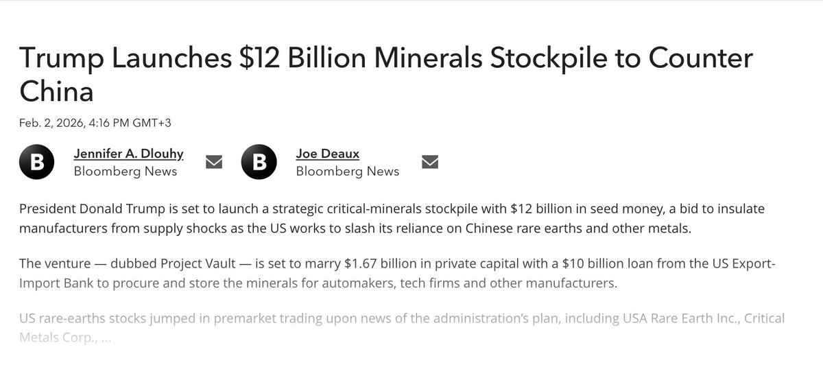 ABD'DEN ÇİN'E 12 MİLYAR DOLARLIK "MADEN SALDIRISI"

Aylardır "Fiziksel varlık toplayın", "Devletler maden savaşına girecek" diye bas bas bağırıyordum. Ve o gün geldi. Trump, masaya 12 MİLYAR DOLARI (yaklaşık 500+ Milyar TL) nakit olarak koydu ve startı verdi.

Projenin adı çok