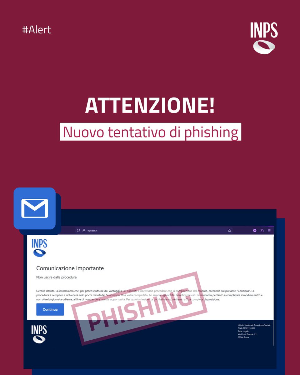 ⚠️È in corso un nuovo tentativo di truffa tramite mail con l'utilizzo del seguente dominio:
🔴inpsdati[.]com
Non cliccate sui link e non fornite nessun dato!
Inps Comunica